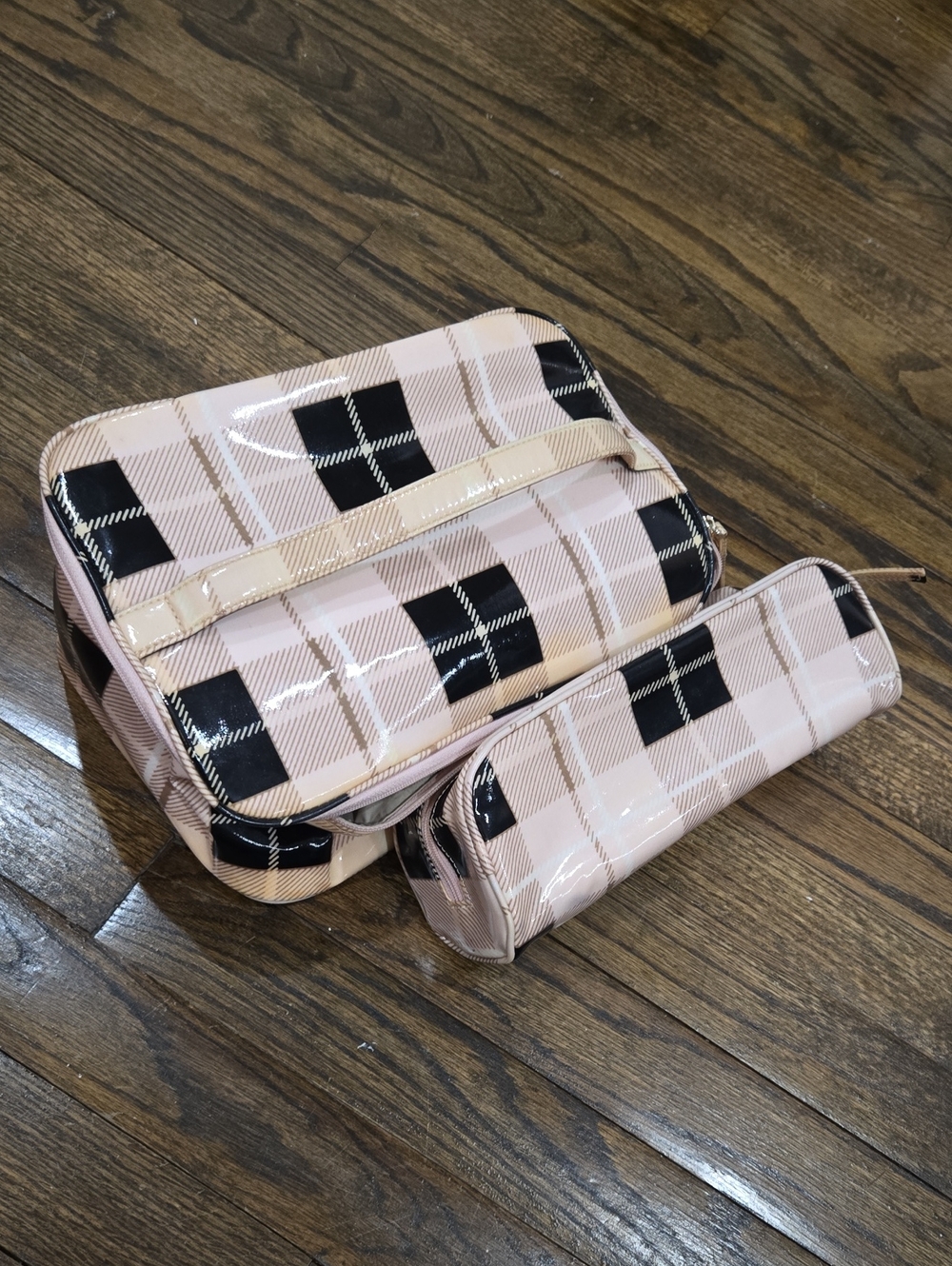 Kate Spade Pink Plaid Cosmetic Makeup Travel Bag Set 2 Piece